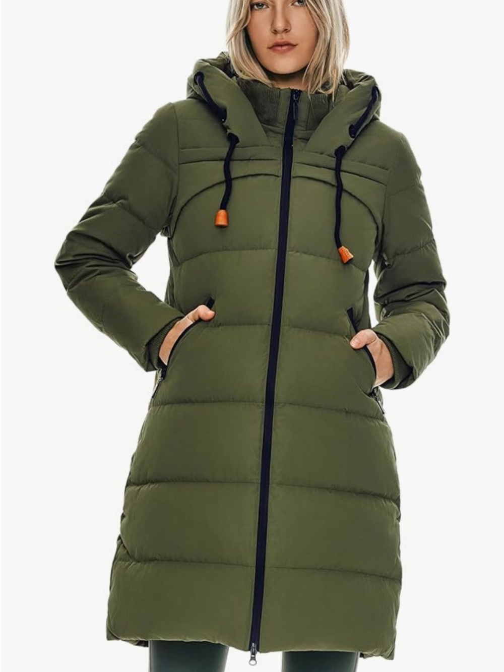 Women's Olive Green Hooded Puffer Coat with Zip Closure